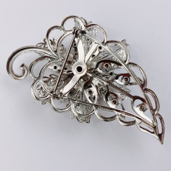 VTG 1950s Brooch Filigree Floral Smoky Rhinestone Silver Tone Mid Century Pin - Picture 8 of 10